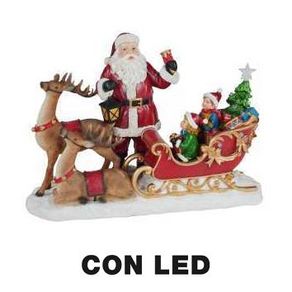 Image of Led resin santa claus with reindeer and red sleigh cm385x175h27 - LED resin Santa Claus with reindeer and red sleigh cm38,5x17,5h27