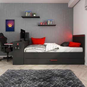 Image of Cameretta 5040 con letto singolo con letto estraibile e scrivania incorporata colore antracite e rosso reversibile
