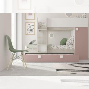 Image of Cameretta con letto a castello e letto estraibile con armadio integrato colore bianco consumato e rosa antico