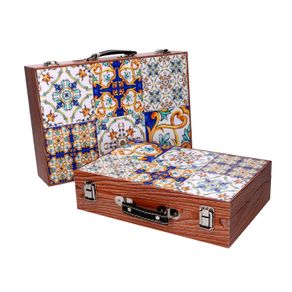 Image of Wooden suitcase box 12 blue brown border cm34x93h24 - Wooden suitcase box 1-2 blue brown border cm34x9,3h24