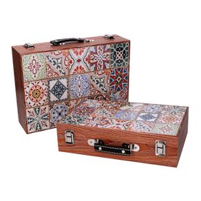 Image of Wooden suitcase box 12 with brown border mosaic cm34x93h24 - Wooden suitcase box 1-2 with brown border mosaic cm34x9,3h24