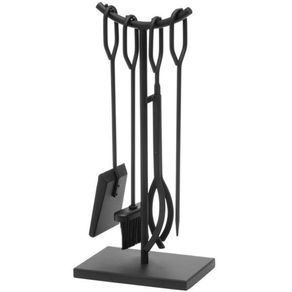 Image of Set 4 pezzi accessori per camino con supporto stand in ferro battuto nero - Set 4 Pezzi Accessori per Camino con Supporto Stand in Ferro Battuto Nero