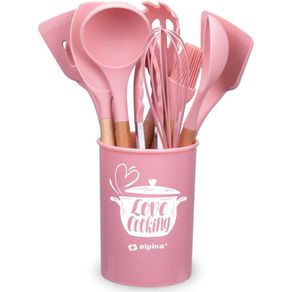 Image of Set utensili da cucina rosa e supporto 12 pezzi utensili silicone manico legno - Set Utensili da Cucina Rosa e Supporto 12 Pezzi Utensili Silicone Manico Legno