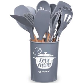 Image of Set utensili da cucina grigio e supporto 12 pezzi utensili silicone manico legno - Set Utensili da Cucina Grigio e Supporto 12 Pezzi Utensili Silicone Manico Legno