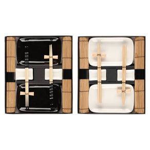 Image of Set sushi per 2 persone con piattino e bacchette 2 colori assortiti bianco nero - Set sushi Per 2 Persone Con Piattino e Bacchette 2 Colori Assortiti Bianco Nero