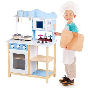 Image of Cucina in legno giocattolo bambini con pentole e accessori gioco blu 60x30x85cm - Cucina in legno Giocattolo Bambini con Pentole e Accessori Gioco Blu 60x30x85cm