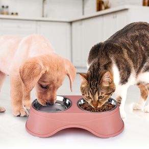 Image of Doppia ciotola per animali domestici scodella in acciaio per cani e gatti rosa - Doppia Ciotola per Animali Domestici Scodella in Acciaio per Cani e Gatti Rosa