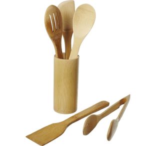 Image of Set 6 utensili da cucina strumenti in bamboo supporto porta mestoli resistente - Set 6 Utensili da Cucina Strumenti in Bamboo Supporto Porta Mestoli Resistente