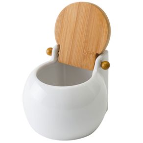 Image of Barattolo in ceramica con tappo legno bambu per sale zucchero caffe 07lt bianco - Barattolo In Ceramica con Tappo Legno Bambu per Sale Zucchero Caffe 0,7lt Bianco