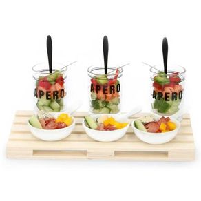 Image of Set aperitivo vassoio pallet 3 ciotole bicchieri e cucchiaini stuzzichini - Set Aperitivo Vassoio Pallet + 3 Ciotole + Bicchieri e Cucchiaini Stuzzichini