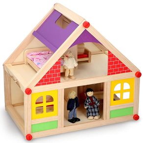 Image of Casa delle bambole in legno giocattolo per bambini con 3 bamboline e mobili - Casa delle Bambole in Legno Giocattolo per Bambini con 3 Bamboline e Mobili