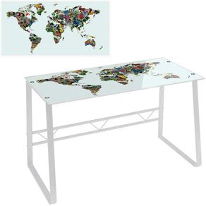 Image of Scrivania tavolo bianco con piano vetro temperato stampa mappamondo 120x60x75 cm - Scrivania Tavolo Bianco con Piano Vetro Temperato Stampa Mappamondo 120x60x75 cm