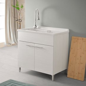 Image of Mobile lavatoio 80x50 cm rovere bianco con vasca e kit di scarico