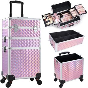 Image of Trolley makeup 3in1 valigetta rosa trucco estetista beauty case ruote staccabili - Trolley Makeup 3in1 Valigetta Rosa Trucco Estetista Beauty Case Ruote Staccabili