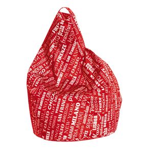 Image of Poltrona a sacco con fantasia con scritte colore rosso e bianco misure 80 x 120 x 80 cm - Poltrona a sacco con fantasia con scritte, colore rosso e bianco, Misure 80 x 120 x 80 cm