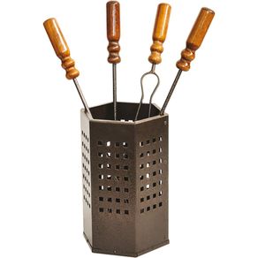 Image of Set 4 utensili manici in legno contenitore attrezzi camino Cubo 18xH50 cm