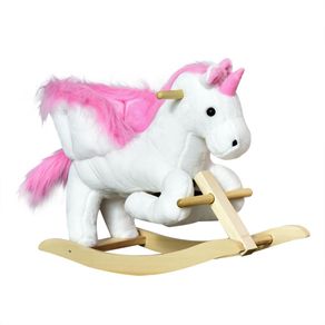 Image of Cavallo a Dondolo Unicorno per Bambini in Legno e Peluche Unicorno Bianco