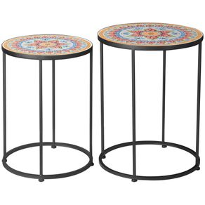 Image of Set 2 Tavolini da Giardino in Ceramica e Metallo con Piano a Mosaico