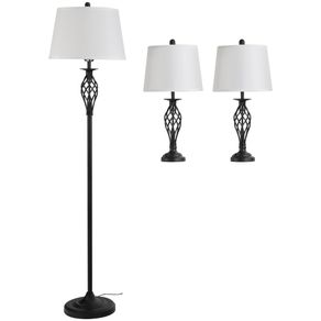 Image of Set Lampada da Terra e 2 Lampade da Tavolo in Metallo E27 Nero e Bianco