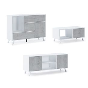 Image of Set, Sala da pranzo, Bianco e colore ante e cassetti cemento - buffet - mobile tv - Tavolo centrale modello wind