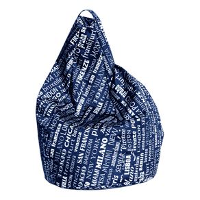 Image of Poltrona a sacco con fantasia con scritte colore blu e bianco misure 80 x 120 x 80 cm - Poltrona a sacco con fantasia con scritte, colore blu e bianco, Misure 80 x 120 x 80 cm