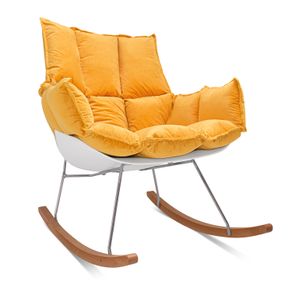 Image of SANTIAGO - Poltrona design a dondolo,PP e legno di pino. A dondolo,cuscino giallo delia,velluto imbottito e trapuntato