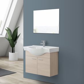 Image of Mobile bagno sospeso 81 cm larice con 2 ante completo di ceramica e specchio