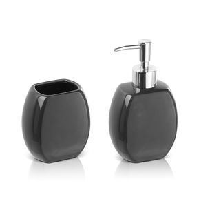 Image of Set accessori bagno da appoggio dispenser e porta spazzolini in ceramica grigio