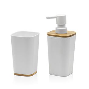Image of Set bagno dispenser e portaspazzolino bianco opaco con dettagli in bambù