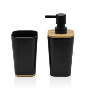 Image of Set bagno dispenser e portaspazzolino nero opaco con dettagli in bambù