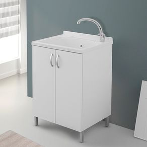 Image of Mobile lavatoio 60x50 bianco con asse strofinatoio e kit scarico