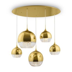 Image of Lampadario contemporaneo fermi metallo oro 5 luci diffusori vetro e metallo