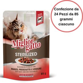 Image of Morando miglior gatto sterilized bocconcini in salsa con manzo prosciutto e verdure confezione da 24 pezzi