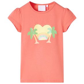 Image of Maglietta da bambina con stampa arcobaleno e palme corallo 128 10432 - Maglietta da Bambina con Stampa Arcobaleno e Palme Corallo 128 10432