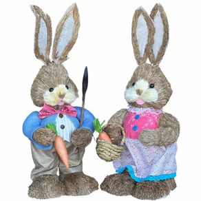 Image of Conigli pasquali coppia rabbit in paglia rafia alti 60 cm